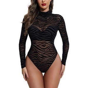 Women's Turtleneck Bodysuit Sheer Mesh Shirt Tops Stretchy Mesh Top-Multi-3